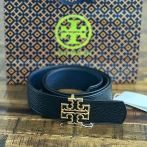 Tory Burch, reversible Britten logo belt.  Medium-black and blue